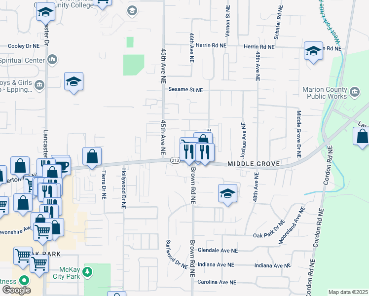 map of restaurants, bars, coffee shops, grocery stores, and more near 3624-3634 Hermosa Court Northeast in Salem