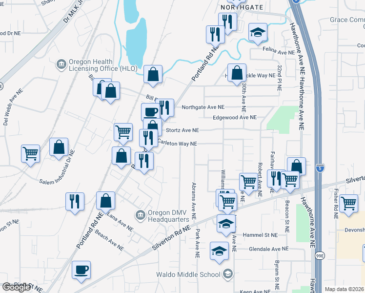 map of restaurants, bars, coffee shops, grocery stores, and more near 2148 Stortz Avenue Northeast in Salem