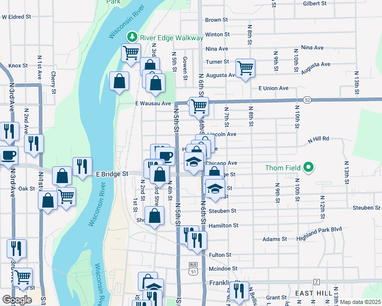 map of restaurants, bars, coffee shops, grocery stores, and more near 1805 North 5th Street in Wausau