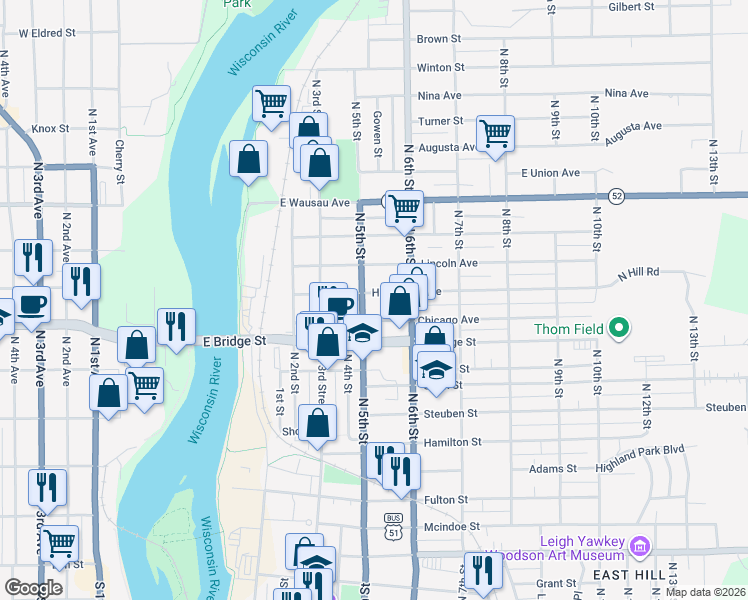 map of restaurants, bars, coffee shops, grocery stores, and more near 1805 North 5th Street in Wausau