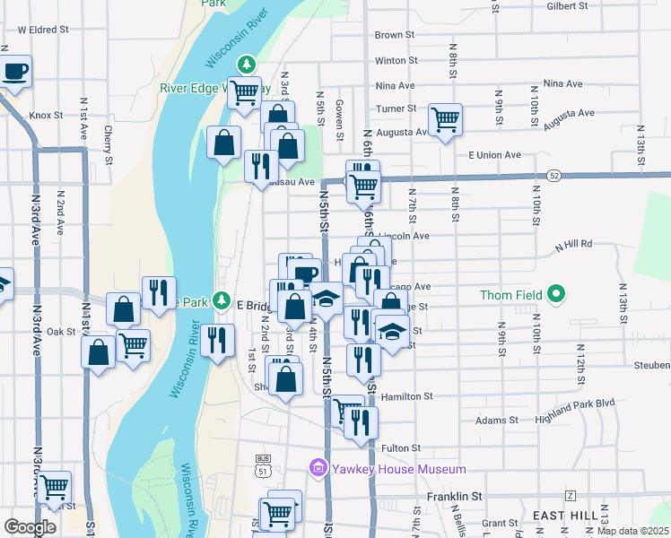 map of restaurants, bars, coffee shops, grocery stores, and more near 1805 North 5th Street in Wausau