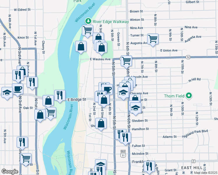 map of restaurants, bars, coffee shops, grocery stores, and more near 311 Lincoln Avenue in Wausau