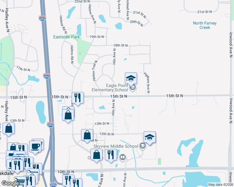 map of restaurants, bars, coffee shops, grocery stores, and more near 1551 Hilo Avenue North in Oakdale