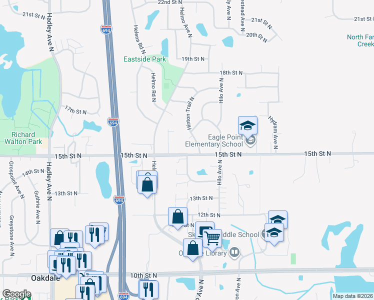 map of restaurants, bars, coffee shops, grocery stores, and more near 1580 Hinton Trail North in Oakdale