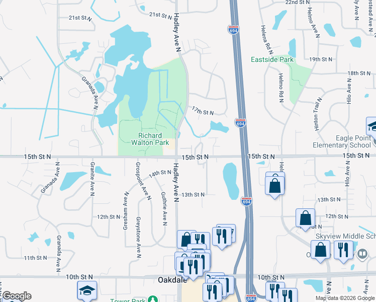 map of restaurants, bars, coffee shops, grocery stores, and more near in Oakdale