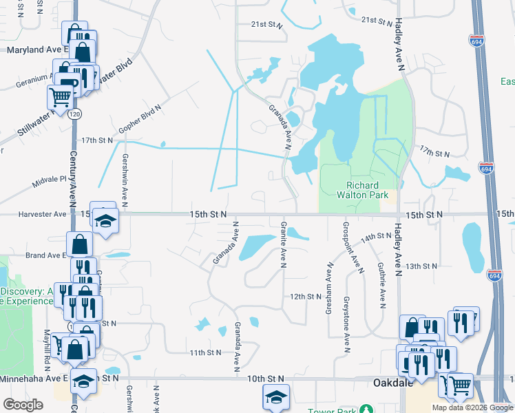 map of restaurants, bars, coffee shops, grocery stores, and more near 6562 15th Street Circle North in Oakdale