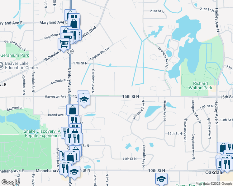 map of restaurants, bars, coffee shops, grocery stores, and more near 1552 Goodview Avenue North in Oakdale