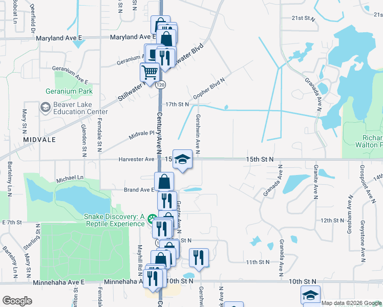map of restaurants, bars, coffee shops, grocery stores, and more near 1556 Gershwin Avenue North in Oakdale