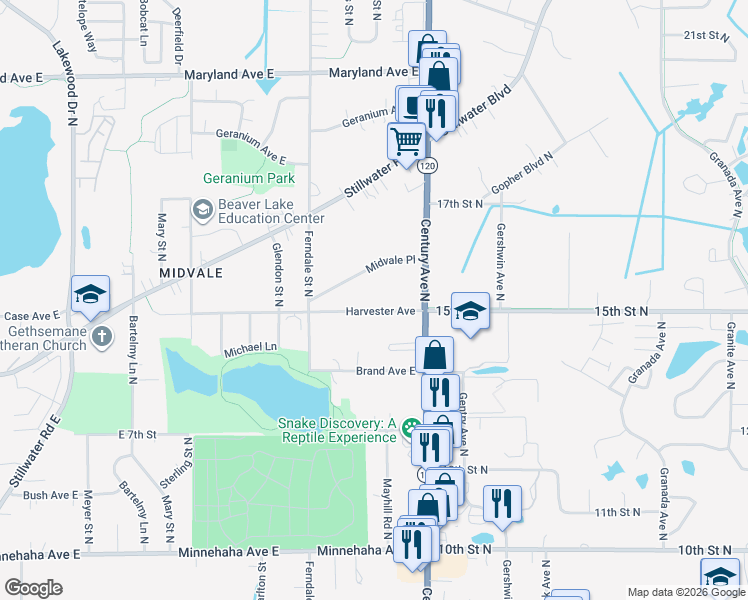 map of restaurants, bars, coffee shops, grocery stores, and more near 2698 Midvale Place in Maplewood