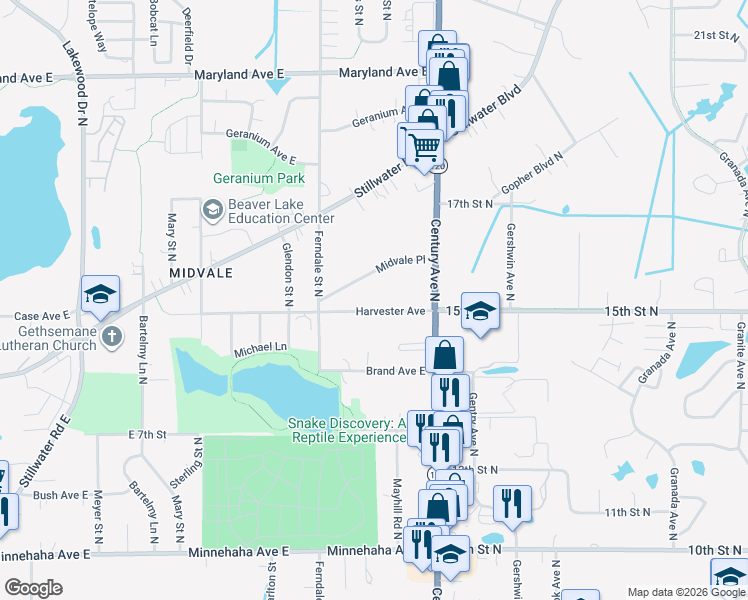 map of restaurants, bars, coffee shops, grocery stores, and more near 2663 Midvale Place in Maplewood