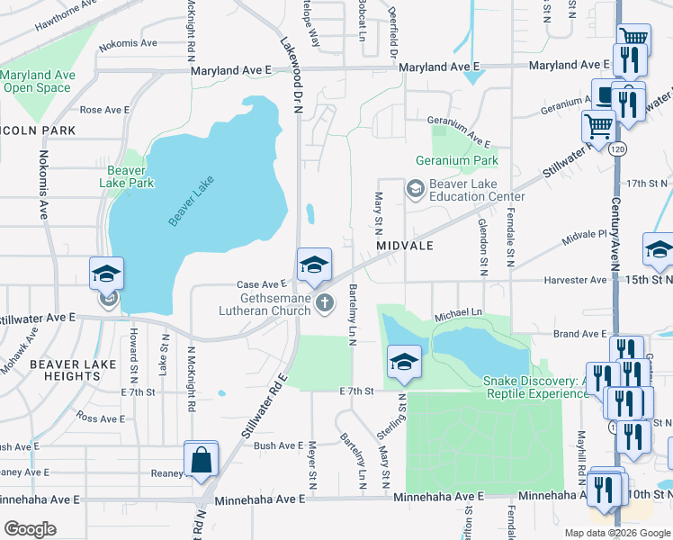 map of restaurants, bars, coffee shops, grocery stores, and more near 994 Lakewood Drive in Maplewood