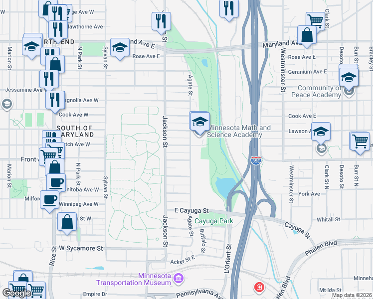 map of restaurants, bars, coffee shops, grocery stores, and more near 1009 Agate Street in Saint Paul