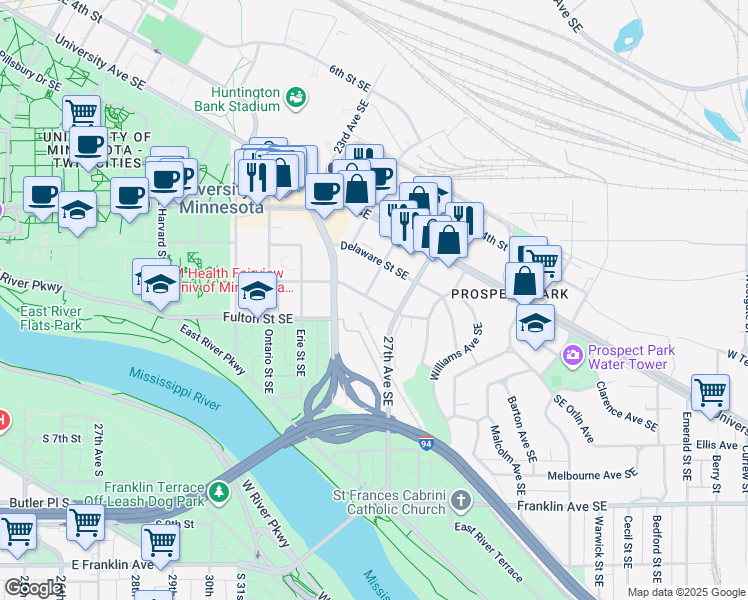 map of restaurants, bars, coffee shops, grocery stores, and more near 2640 Delaware Street Southeast in Minneapolis