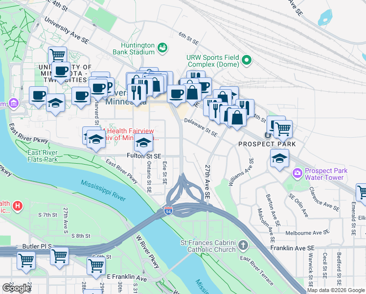 map of restaurants, bars, coffee shops, grocery stores, and more near 2508 Delaware Street Southeast in Minneapolis