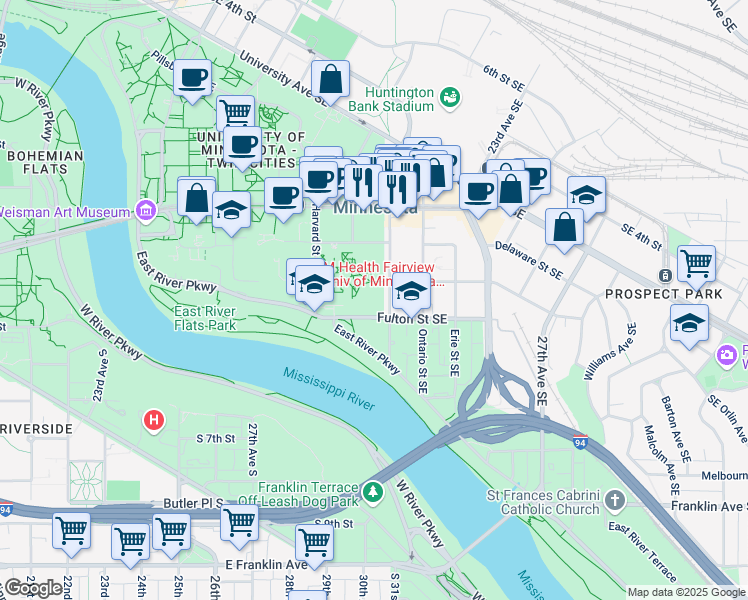 map of restaurants, bars, coffee shops, grocery stores, and more near Walnut Street Southeast in Minneapolis