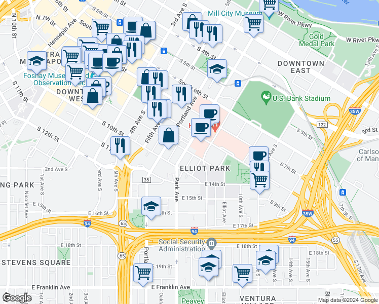 map of restaurants, bars, coffee shops, grocery stores, and more near 816 Park Avenue in Minneapolis