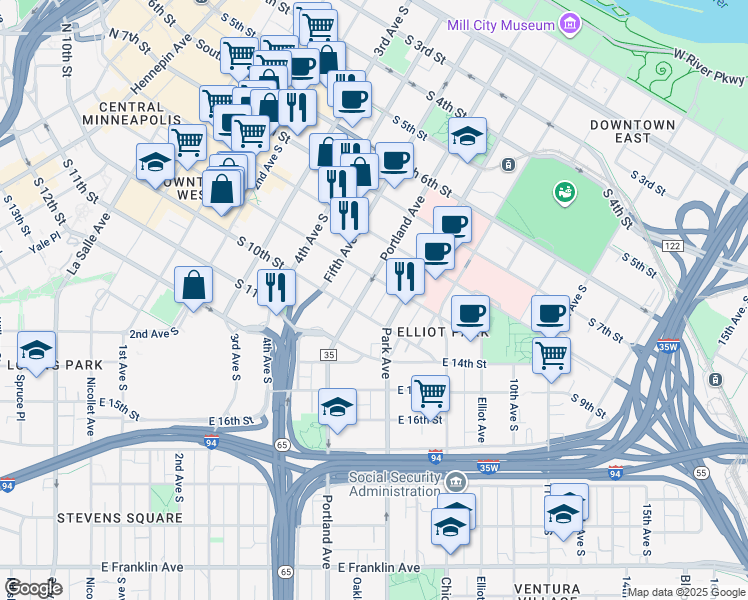 map of restaurants, bars, coffee shops, grocery stores, and more near in Minneapolis