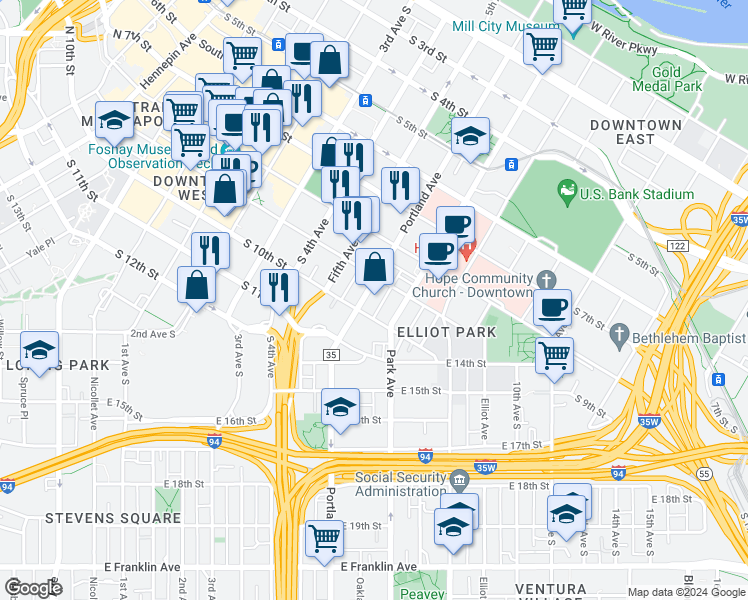 map of restaurants, bars, coffee shops, grocery stores, and more near in Minneapolis