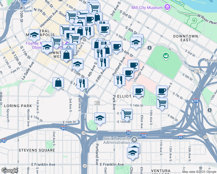 map of restaurants, bars, coffee shops, grocery stores, and more near in Minneapolis