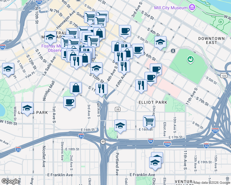 map of restaurants, bars, coffee shops, grocery stores, and more near 410 South 10th Street in Minneapolis