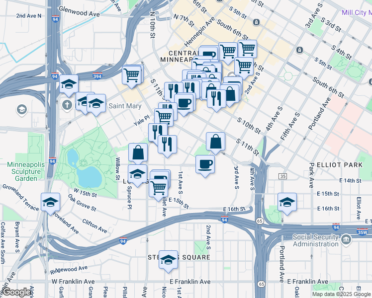 map of restaurants, bars, coffee shops, grocery stores, and more near 1200 South Marquette Avenue in Minneapolis
