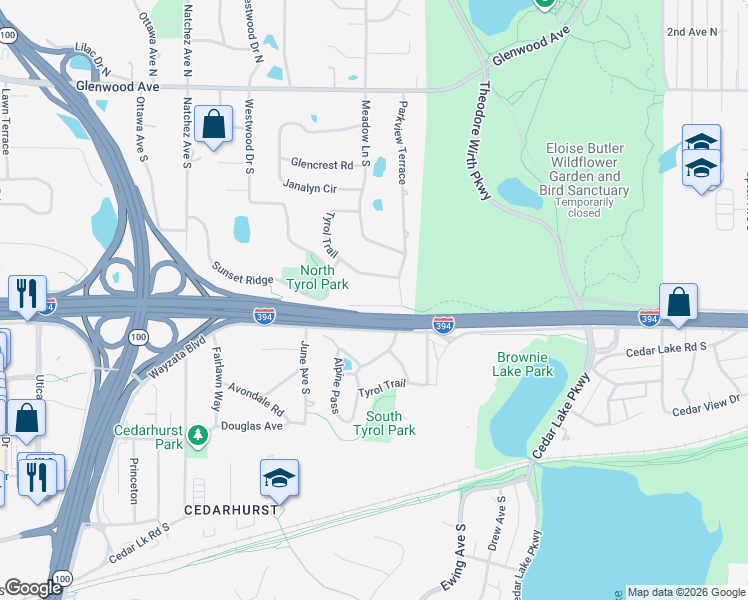 map of restaurants, bars, coffee shops, grocery stores, and more near 920 Tyrol Trail in Minneapolis