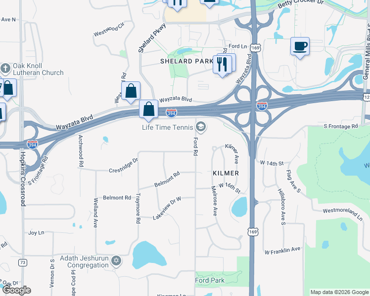 map of restaurants, bars, coffee shops, grocery stores, and more near 10001 Wayzata Boulevard in Hopkins