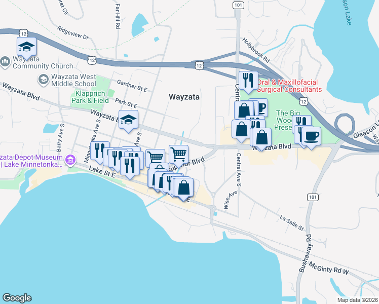 map of restaurants, bars, coffee shops, grocery stores, and more near 949 Wayzata Boulevard in Wayzata