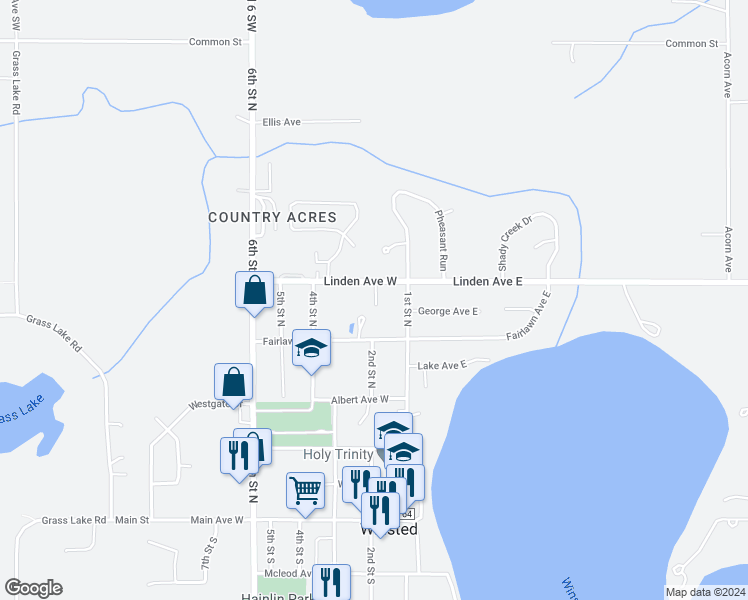 map of restaurants, bars, coffee shops, grocery stores, and more near 314 Linden Avenue West in Winsted