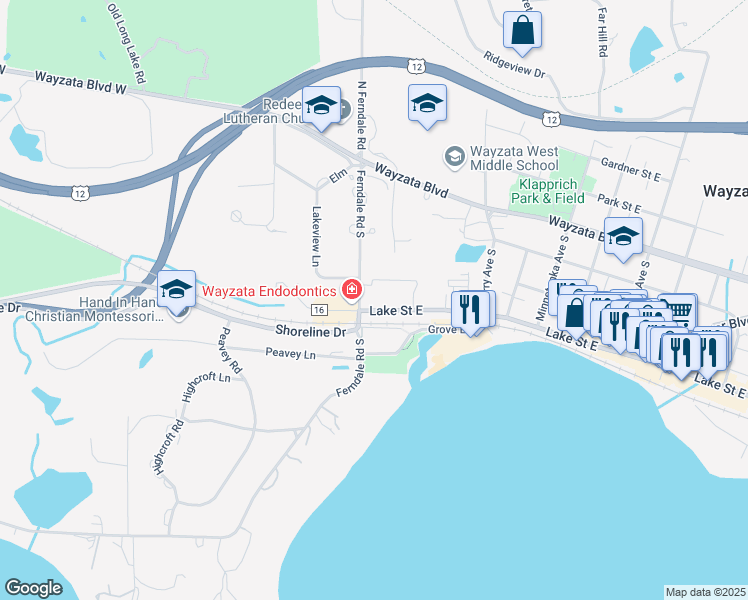 map of restaurants, bars, coffee shops, grocery stores, and more near 222 Ferndale Road South in Wayzata