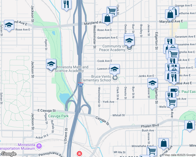 map of restaurants, bars, coffee shops, grocery stores, and more near 350 Jenks Avenue East in Saint Paul