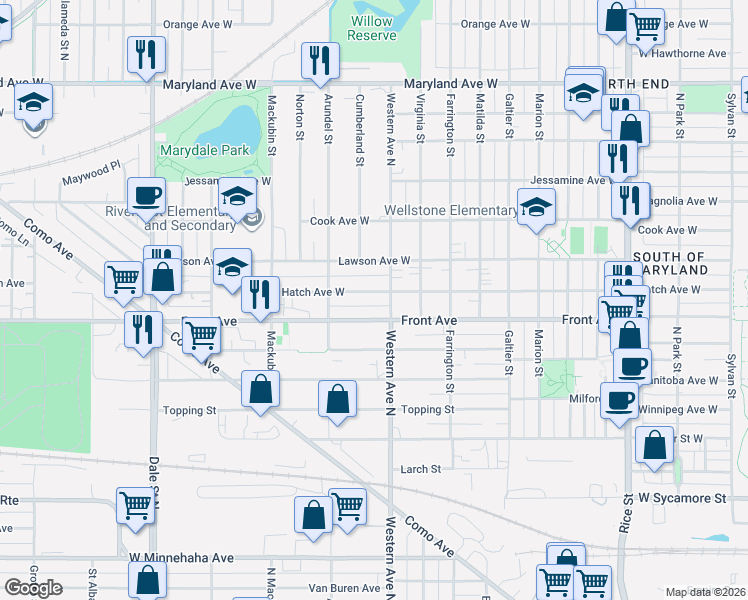 map of restaurants, bars, coffee shops, grocery stores, and more near 399 Hatch Avenue West in Saint Paul
