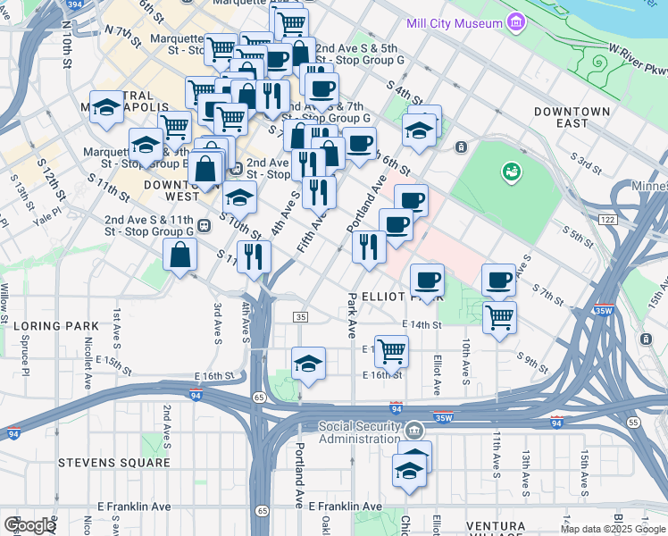 map of restaurants, bars, coffee shops, grocery stores, and more near in Minneapolis