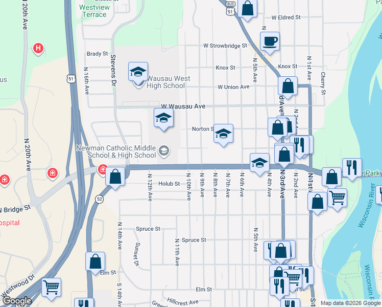 map of restaurants, bars, coffee shops, grocery stores, and more near 706 North 10th Avenue in Wausau
