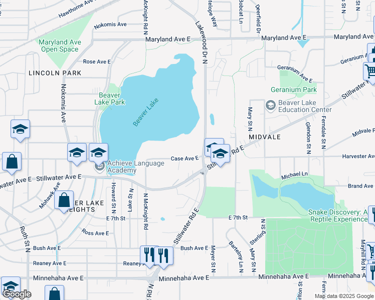 map of restaurants, bars, coffee shops, grocery stores, and more near 2351 Case Avenue East in Maplewood