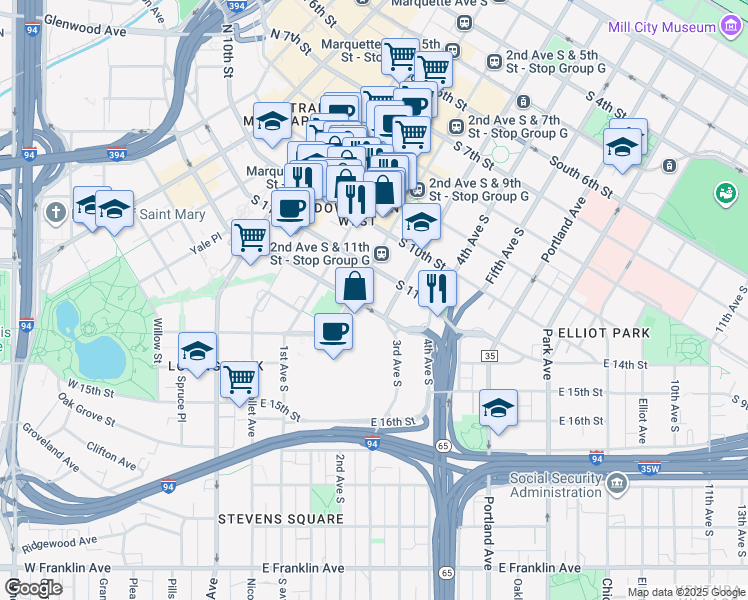 map of restaurants, bars, coffee shops, grocery stores, and more near 201 South 11th Street in Minneapolis