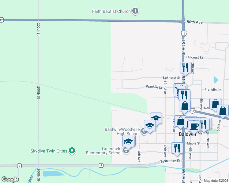 map of restaurants, bars, coffee shops, grocery stores, and more near 1570 Franklin Street in Baldwin