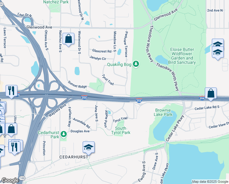 map of restaurants, bars, coffee shops, grocery stores, and more near 920 Tyrol Trail in Minneapolis