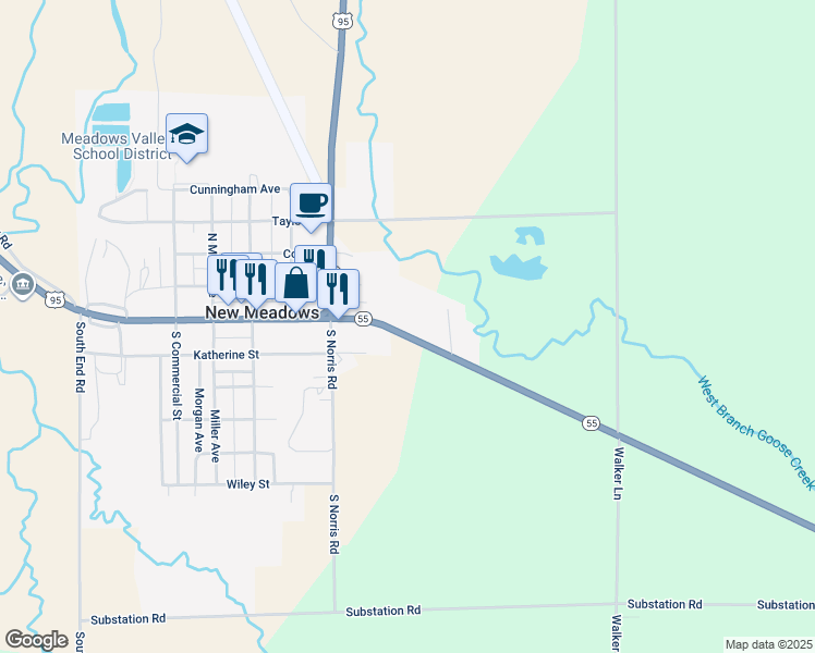 map of restaurants, bars, coffee shops, grocery stores, and more near 520 Virginia Street in New Meadows