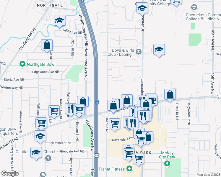 map of restaurants, bars, coffee shops, grocery stores, and more near 3612 Fisher Road Northeast in Salem