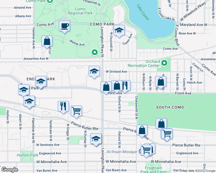 map of restaurants, bars, coffee shops, grocery stores, and more near 1006 North Churchill Street in Saint Paul