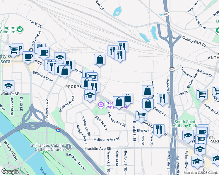 map of restaurants, bars, coffee shops, grocery stores, and more near 1 Malcolm Avenue Southeast in Minneapolis