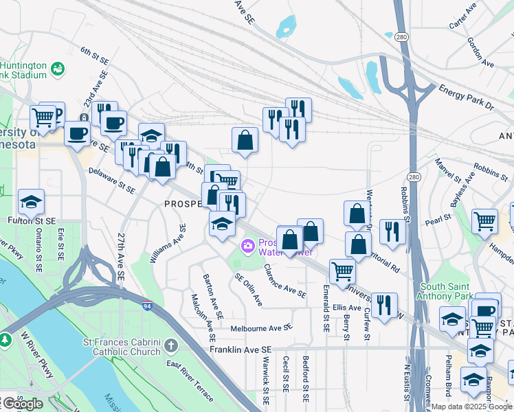 map of restaurants, bars, coffee shops, grocery stores, and more near 1 Malcolm Avenue Southeast in Minneapolis