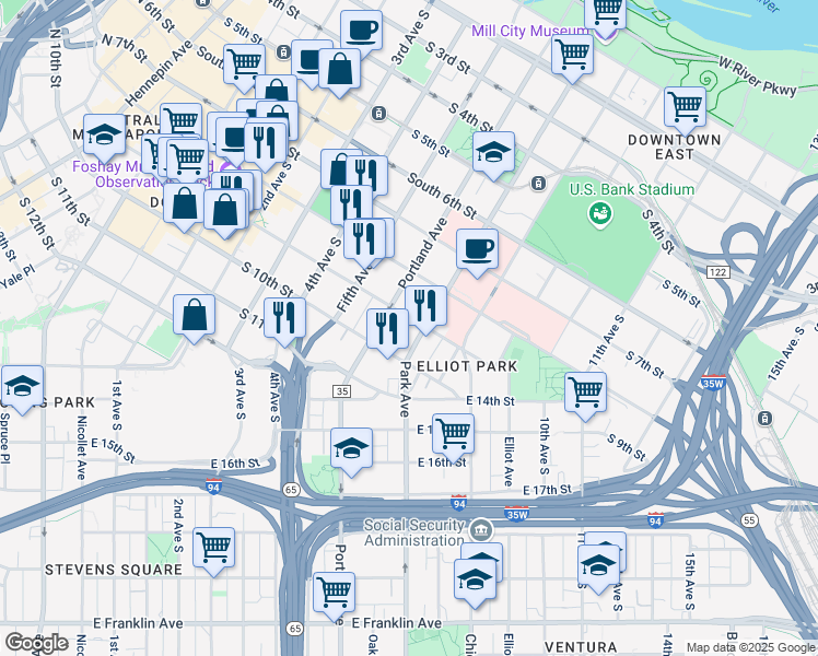 map of restaurants, bars, coffee shops, grocery stores, and more near in Minneapolis