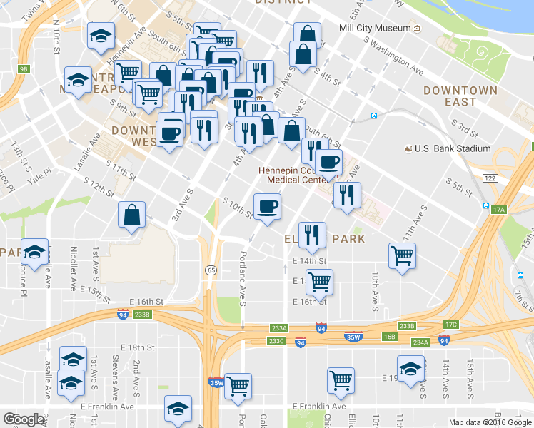 map of restaurants, bars, coffee shops, grocery stores, and more near in Minneapolis