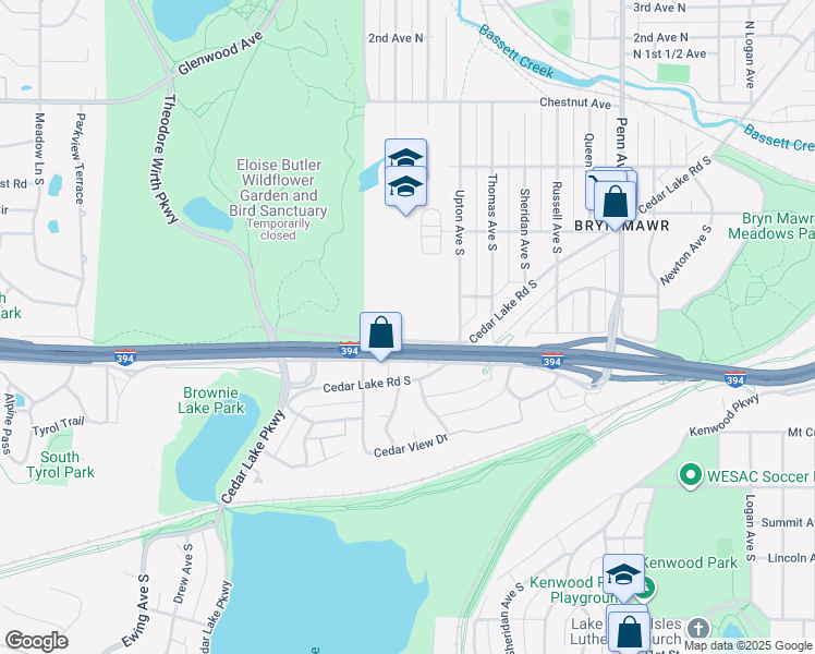 map of restaurants, bars, coffee shops, grocery stores, and more near 2800 South Wayzata Boulevard in Minneapolis