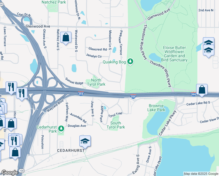 map of restaurants, bars, coffee shops, grocery stores, and more near 920 Tyrol Trail in Minneapolis