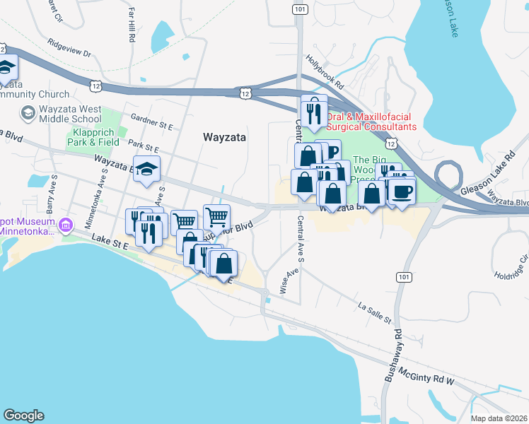 map of restaurants, bars, coffee shops, grocery stores, and more near 119 Benton Avenue in Wayzata