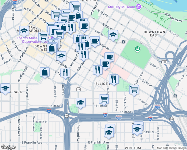 map of restaurants, bars, coffee shops, grocery stores, and more near in Minneapolis