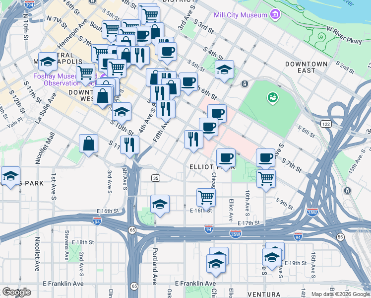 map of restaurants, bars, coffee shops, grocery stores, and more near in Minneapolis